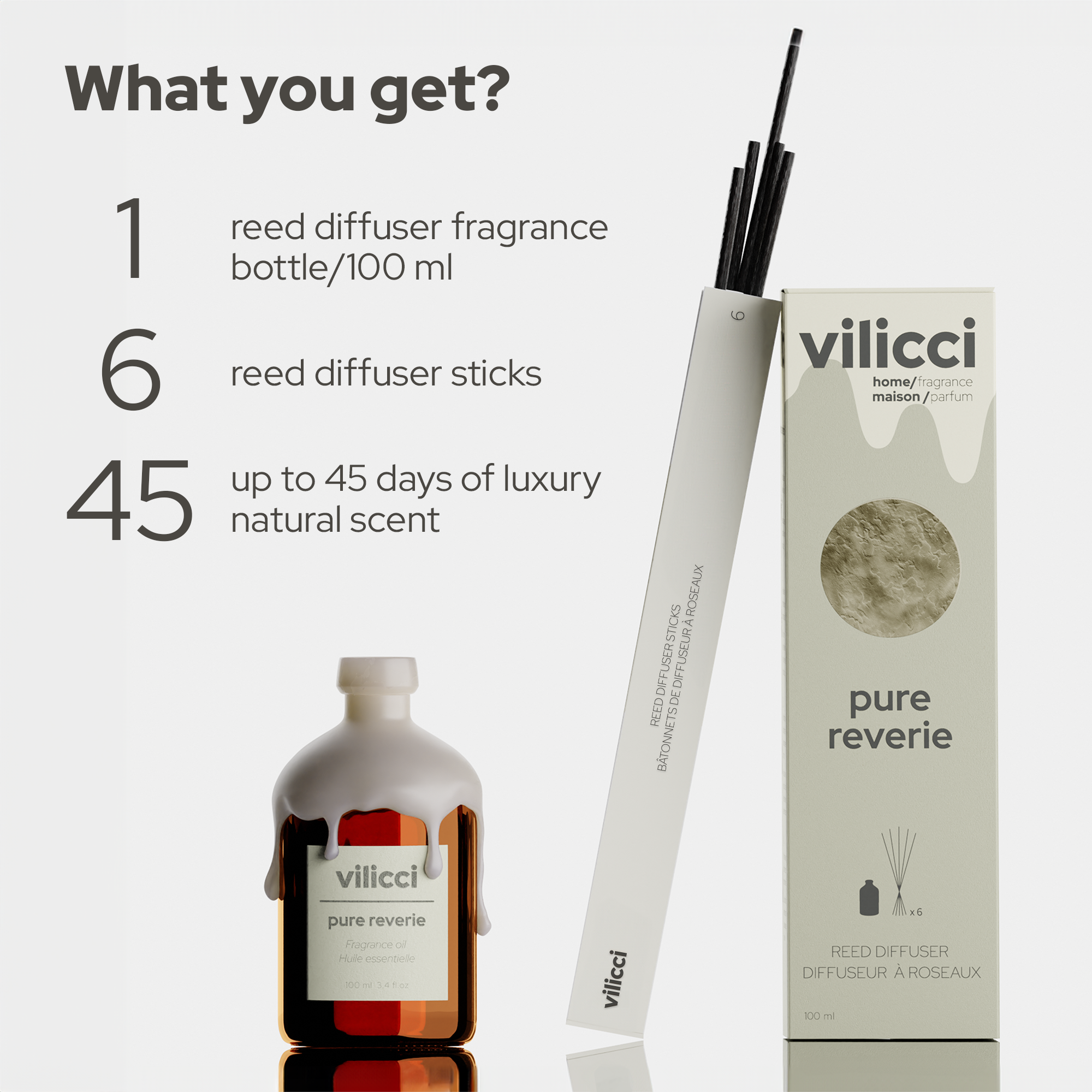 Vilicci Pure Reverie home diffuser set including 100ml fragrance bottle, 6 reeds, and 45 days of natural scent
